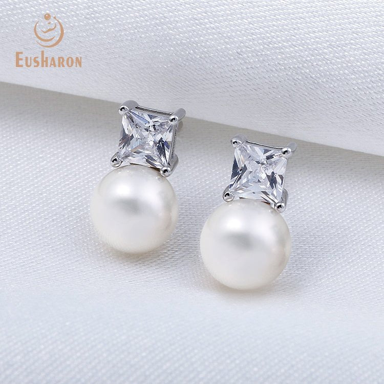 10 Pairs Simple Square Zircon Freshwater Pearl Stud Earrings - Pearl Jewelry - Eusharon