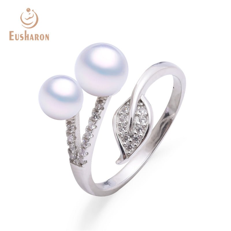 10 PCS Leaf Double Pearl Sterling Silver Round Freshwater Pearl Ring - Pearl Jewelry - Eusharon