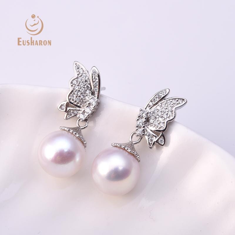 silver butterfly freshwater pearl earrings