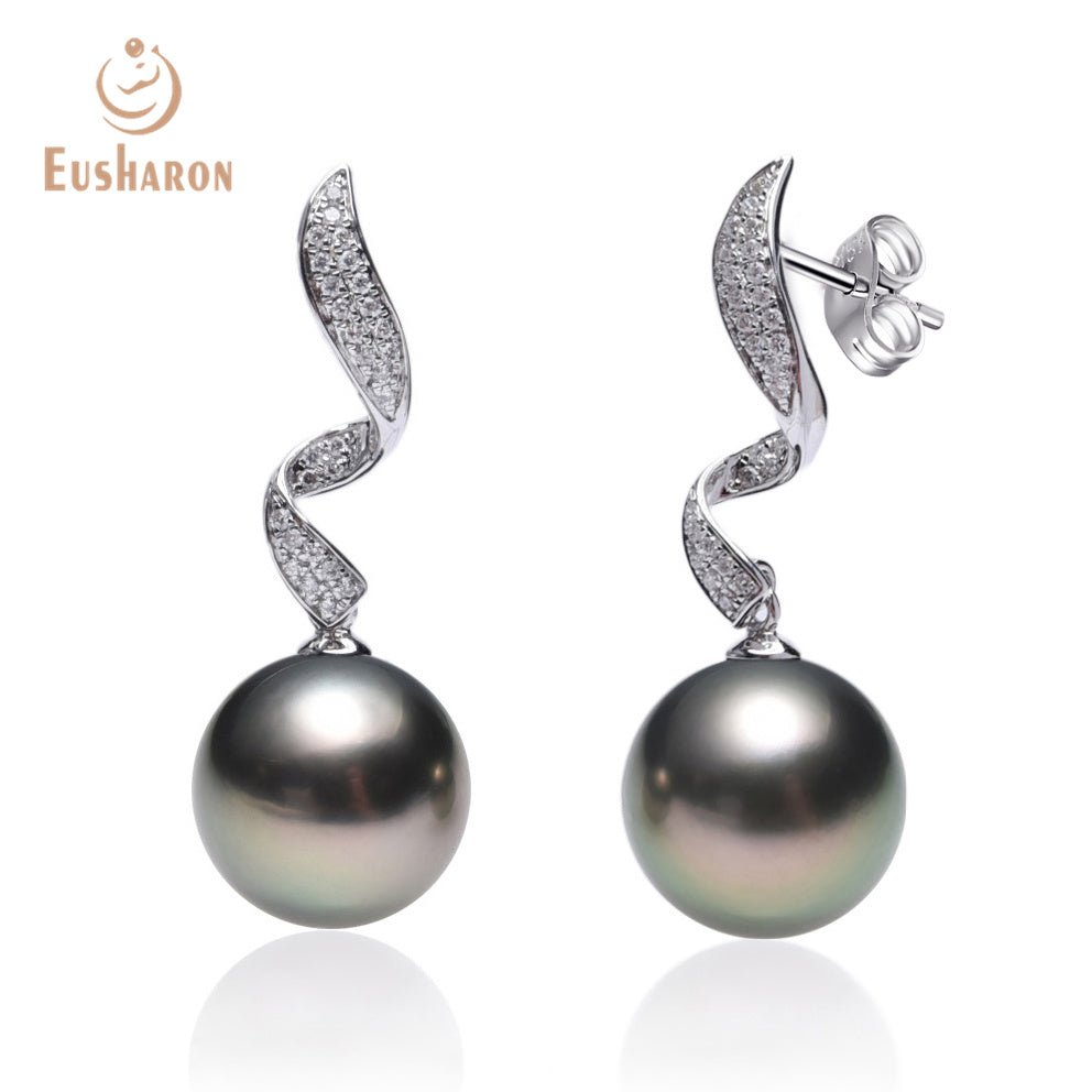 10 - 11mm AAA+ Perfect Round Tahitian Pearls 18K White Gold with Diamond Earrings - Pearl Jewelry - Eusharon