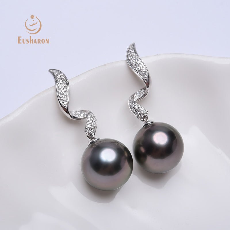 10 - 11mm AAA+ Perfect Round Tahitian Pearls 18K White Gold with Diamond Earrings - Pearl Jewelry - Eusharon