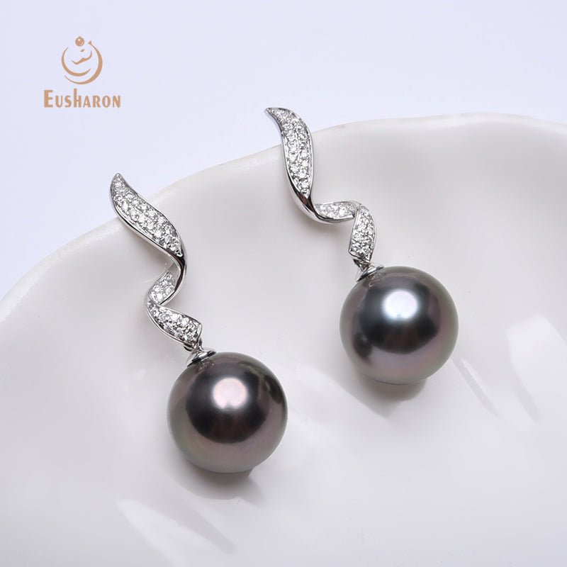 10 - 11mm AAA+ Perfect Round Tahitian Pearls 18K White Gold with Diamond Earrings - Pearl Jewelry - Eusharon