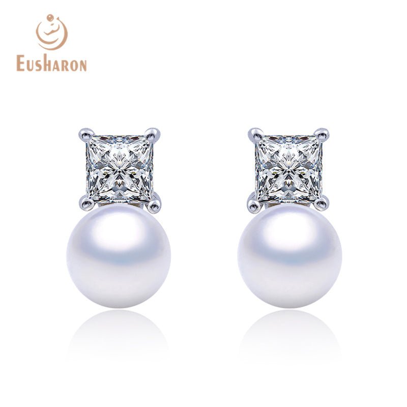 10 Pairs Simple Square Zircon Freshwater Pearl Stud Earrings - Pearl Jewelry - Eusharon