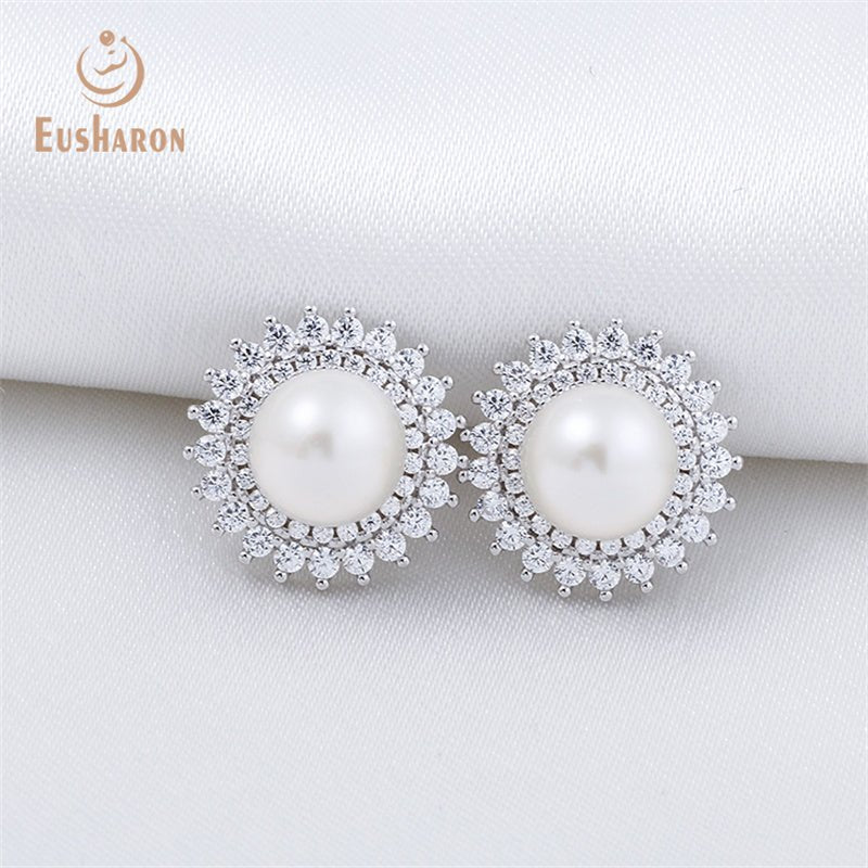 10 Pairs CZ White Round Freshwater Earring Studs - Pearl Jewelry - Eusharon