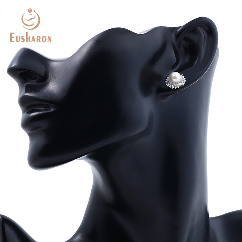 10 Pairs CZ White Round Freshwater Earring Studs - Pearl Jewelry - Eusharon