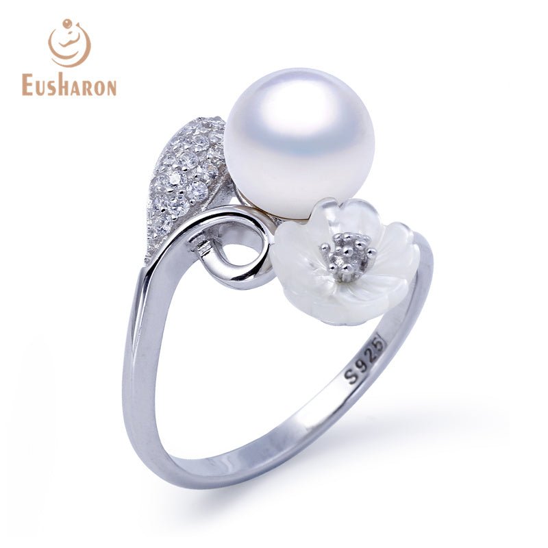 10 PCS Shell Flower Leaf Crystal Freshwater Round Pearl Open Ring - Pearl Jewelry - Eusharon