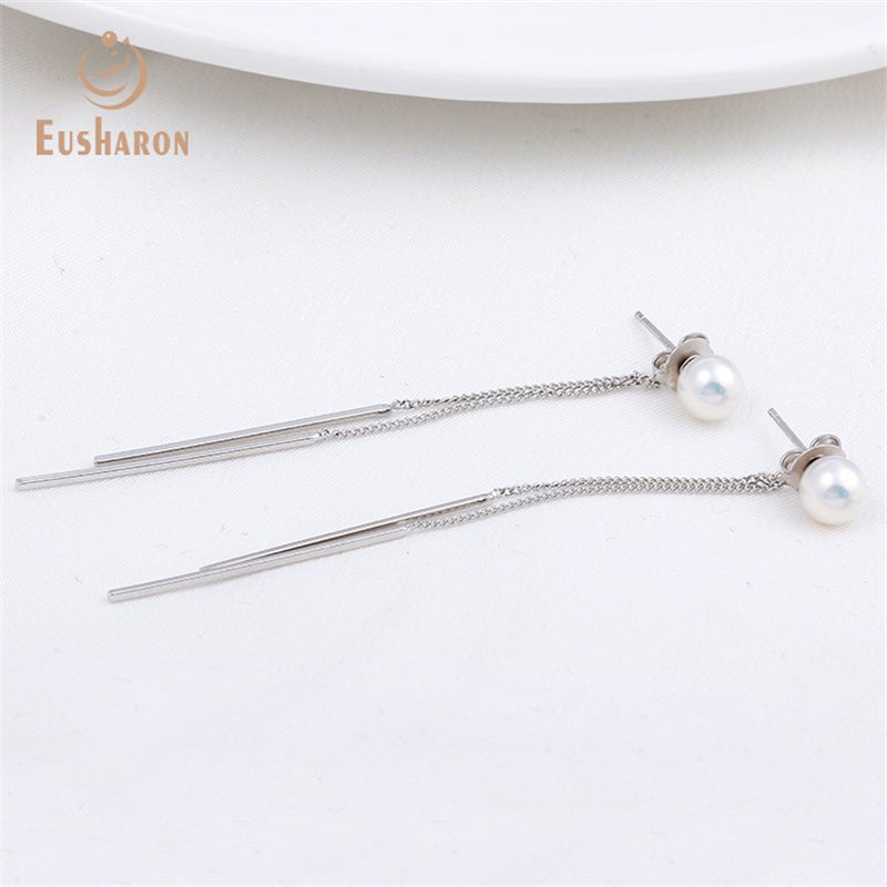 10 Pairs S925 Long Chain Tassel Round Freshwater Pearl Earrings - Pearl Jewelry - Eusharon