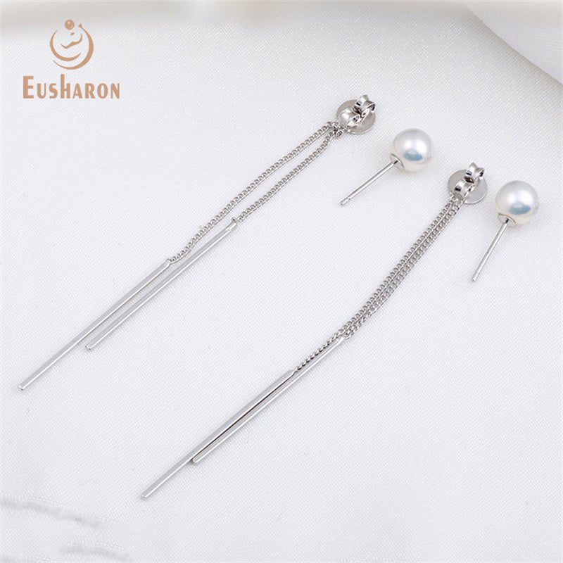 10 Pairs S925 Long Chain Tassel Round Freshwater Pearl Earrings - Pearl Jewelry - Eusharon