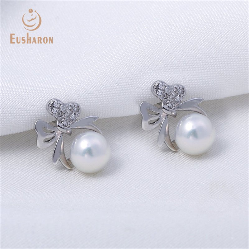 10 Pairs Diamod Bow Round Freshwater Pearl Silver Earring Stud - Pearl Jewelry - Eusharon