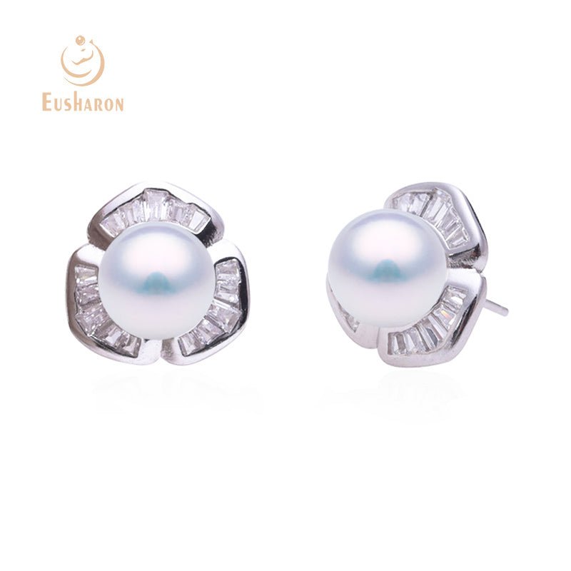 Simple Petal Flower Round Freshwater Pearl Sterling Silver Earring Stud - Pearl Jewelry - Eusharon