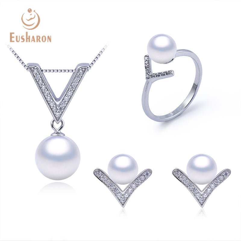 10 PCS Letter V Shape Edison Freshwater Pearl Pendant Earrings Ring Jewelry Set - Pearl Jewelry - Eusharon