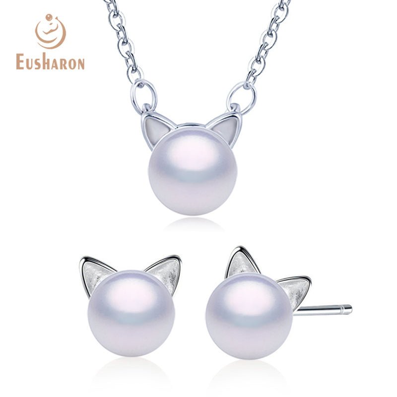 10 PCS Cute Cat Freshwater Pearl Pendant Necklace Earrings Jewelry Set - Pearl Jewelry - Eusharon