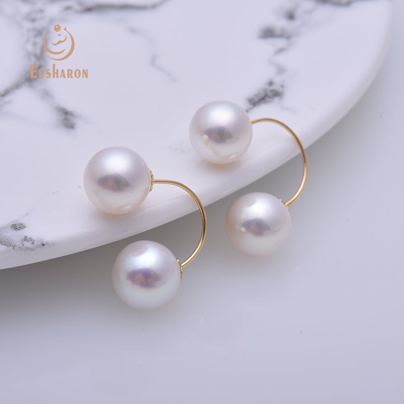 7.5 - 8.5mm White Freshwater AK Pearls 18K Gold Earrings - Pearl Earring - Eusharon