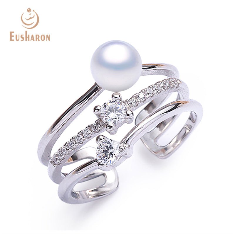 10 PCS Big CZ Three Bond Round Freshwater Pearl Open Ring - Pearl Jewelry - Eusharon