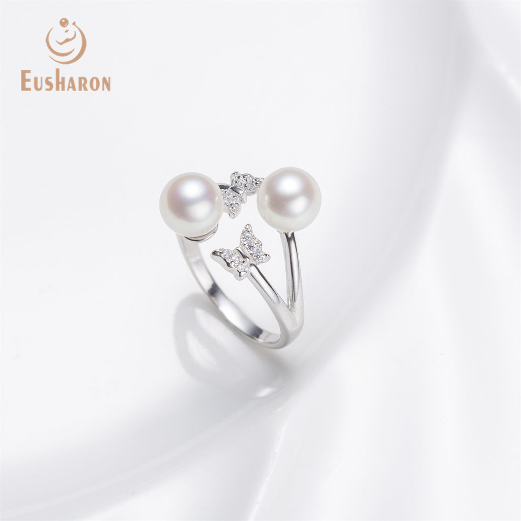 10 PCS S925 Butterfly Double White Freshwater Pearl Ring - Pearl Jewelry - Eusharon