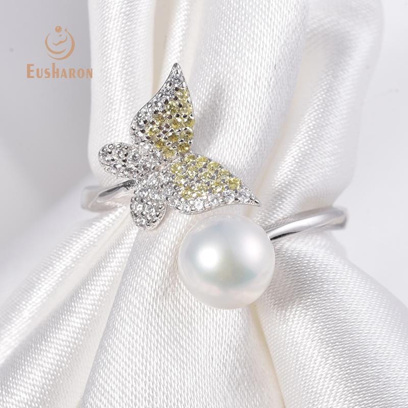 butterfly silver pearl ring