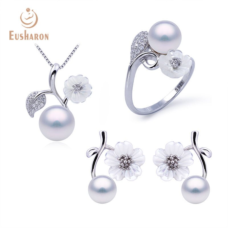 Plum Flower Sterling Silver Freshwater Pearl Jewelry Set - Pearl Jewelry - Eusharon