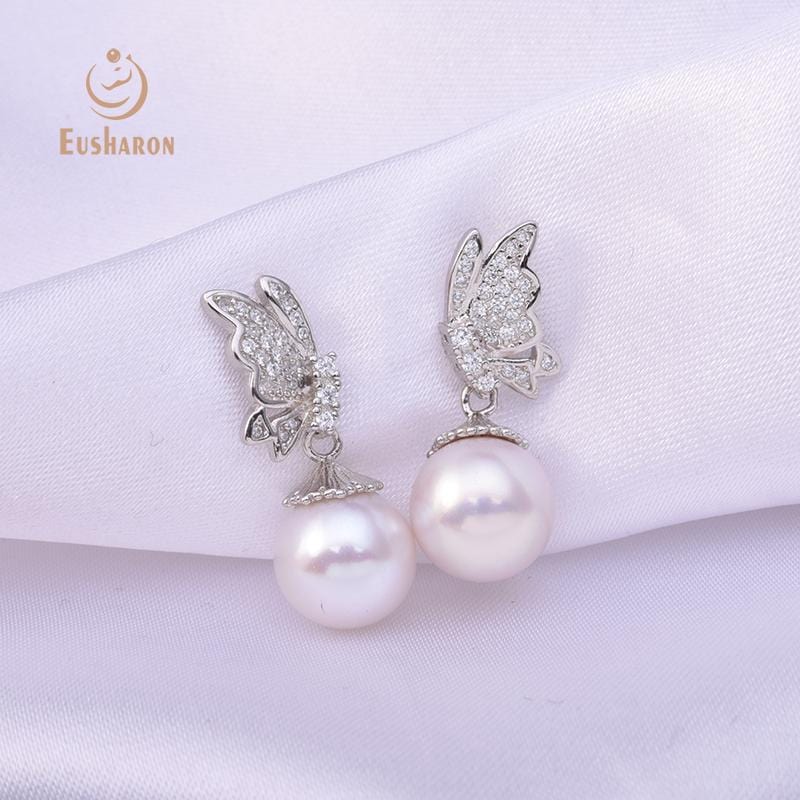 CZ diamond butterfly freshwater pearl earrings