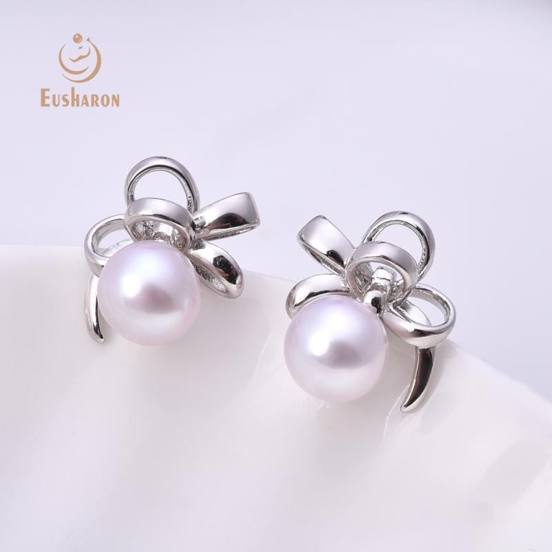 925 silver bowknot round freshwater pearl earrings
