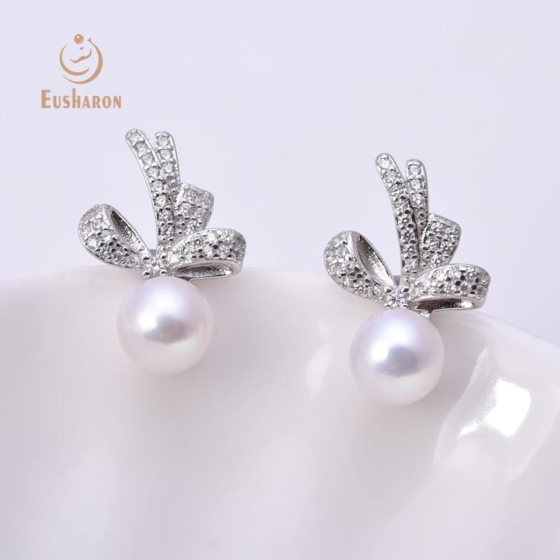 silver bow freshwater pearl stud earrings