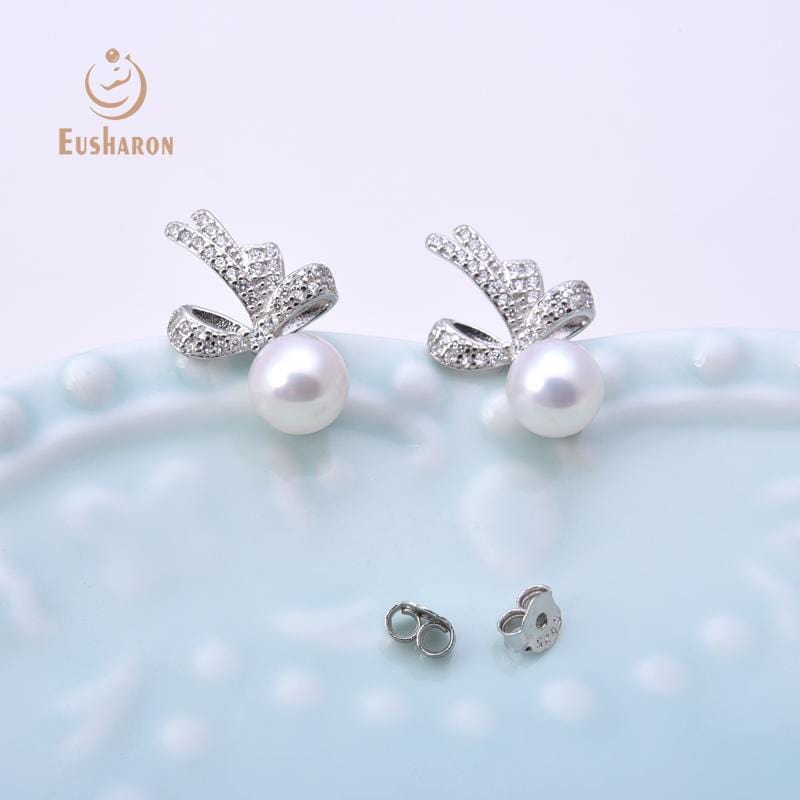 sterling silver bow freshwater pearl studs