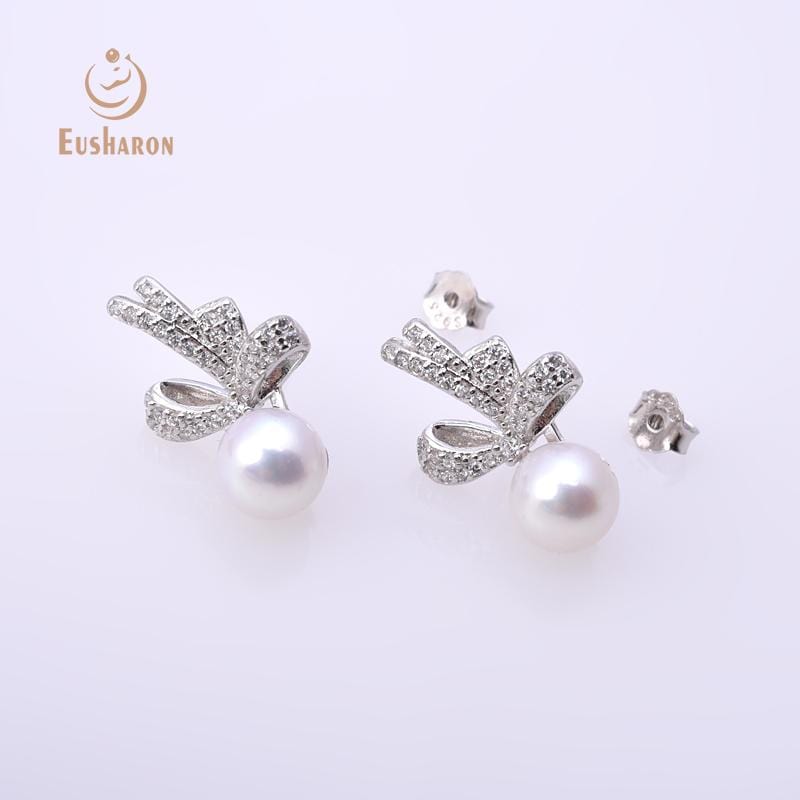 CZ diamond bow freshwater pearl stud earrings