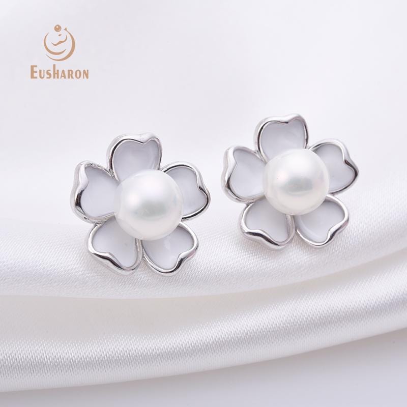 White Cherry Blossoms Flower Freshwater Pearl Earrings
