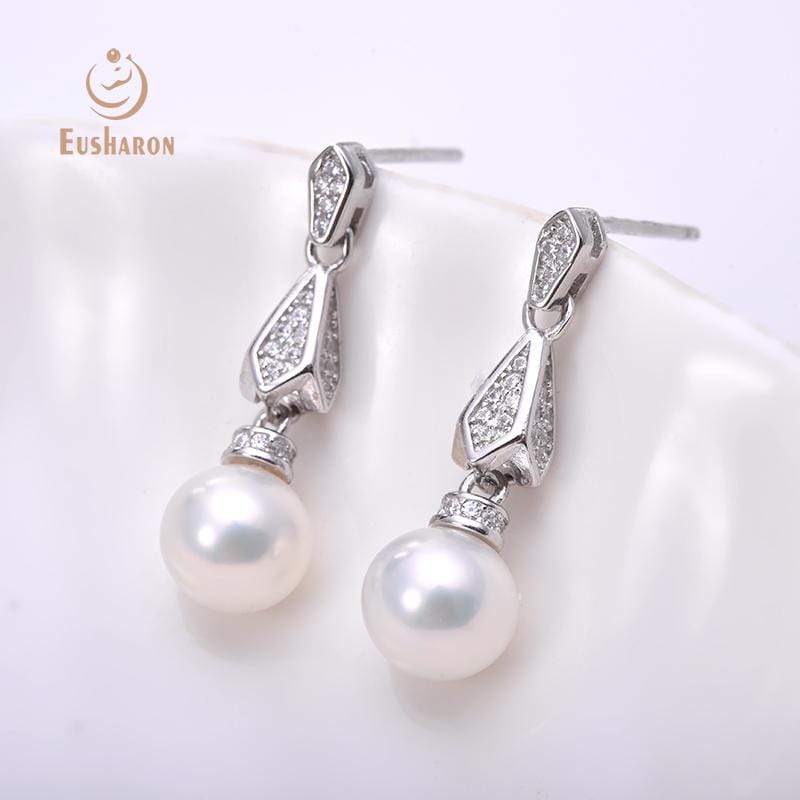CZ diamond round white freshwater pearl dangle earring