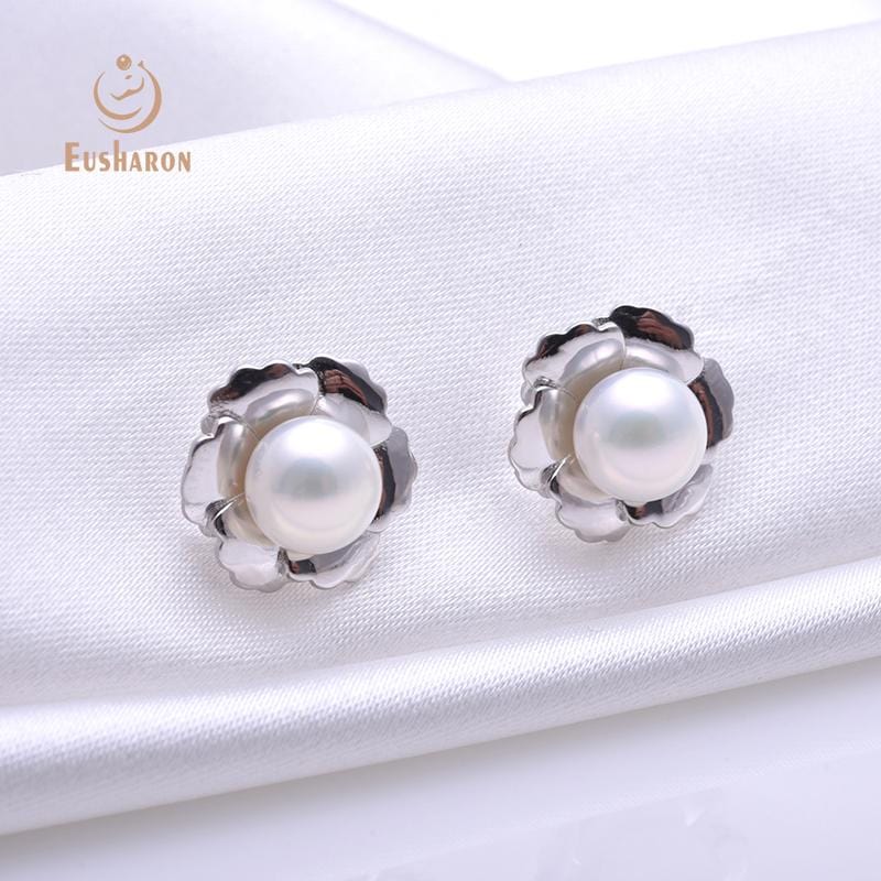 silver pearl flower earring