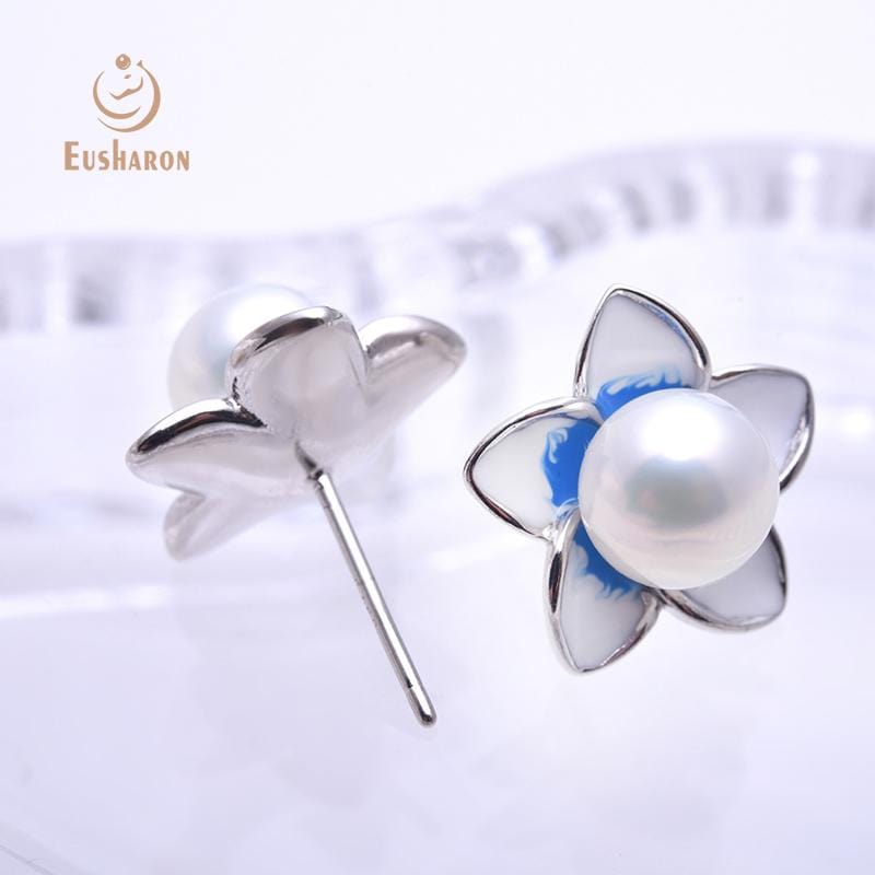 enamel cherry blossoms round pearl earring
