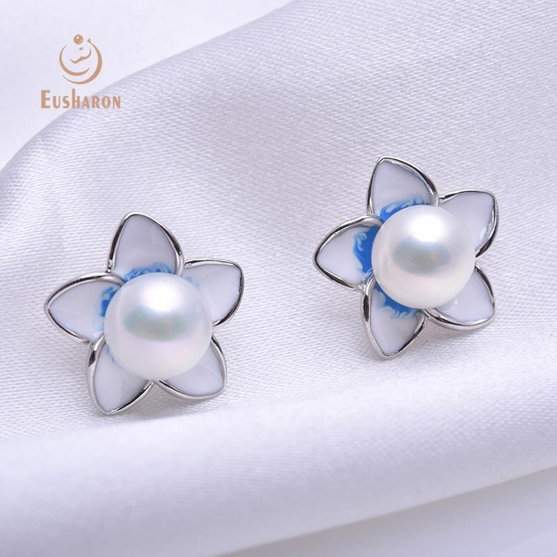enamel cherry blossoms pearl earring